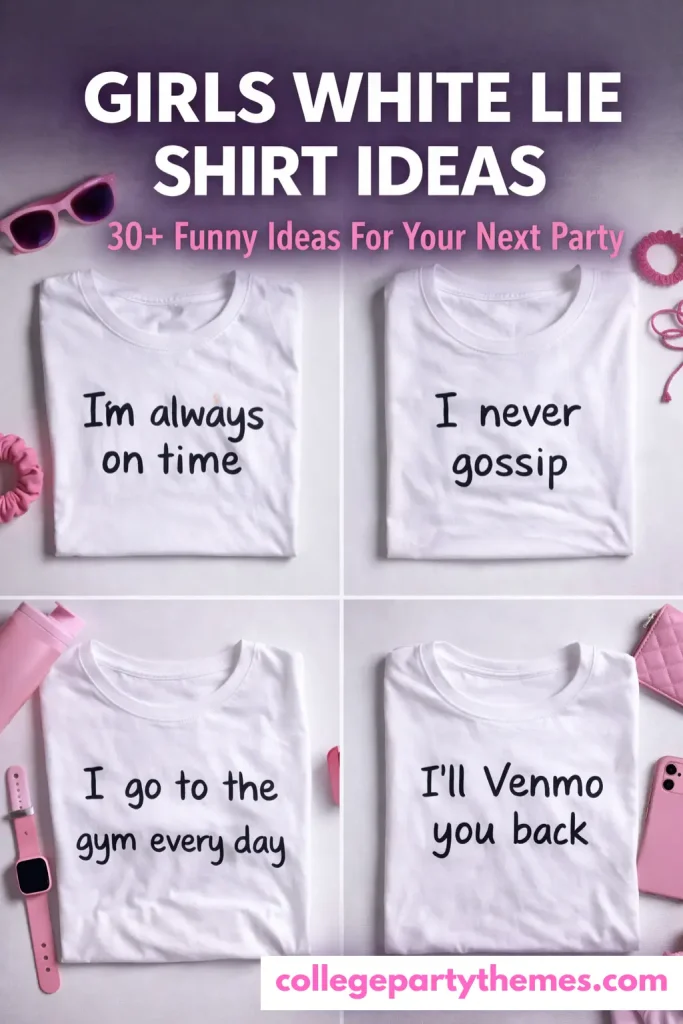 Funny white lie t-shirt ideas for girls college party 2026 flat lay