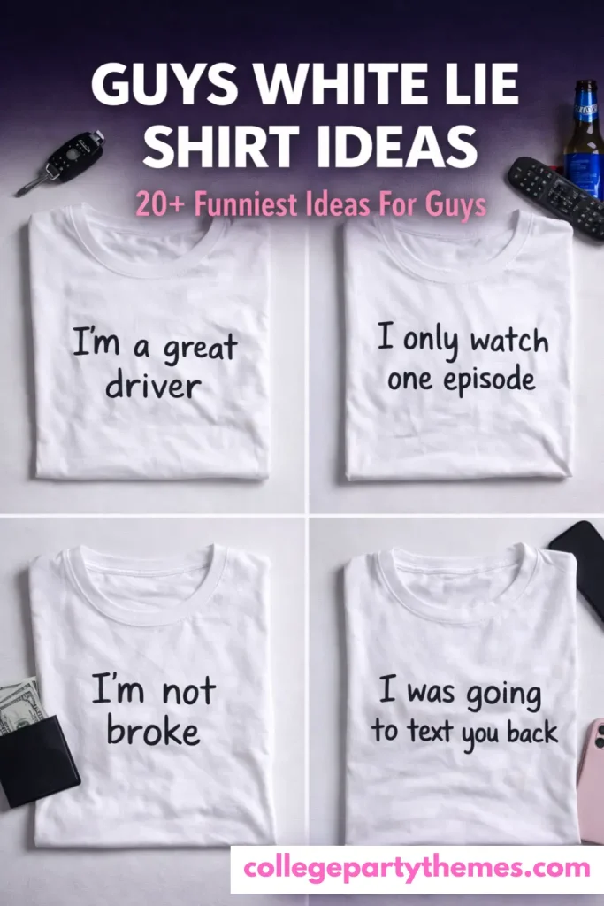 Funny white lie t-shirt ideas for guys college party 2026 flat lay
