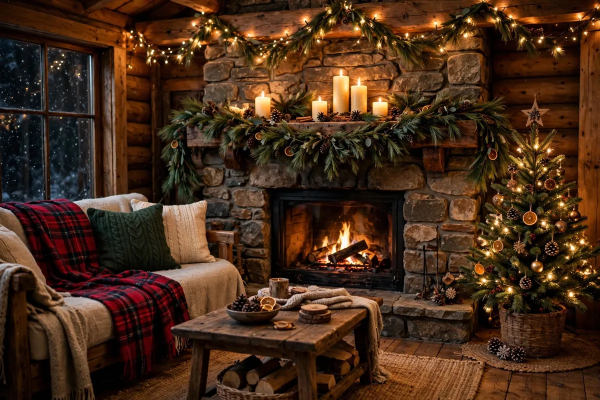 Cozy cabin-style living room with pine garlands, glowing candles, warm string lights and plaid blankets for a winter party