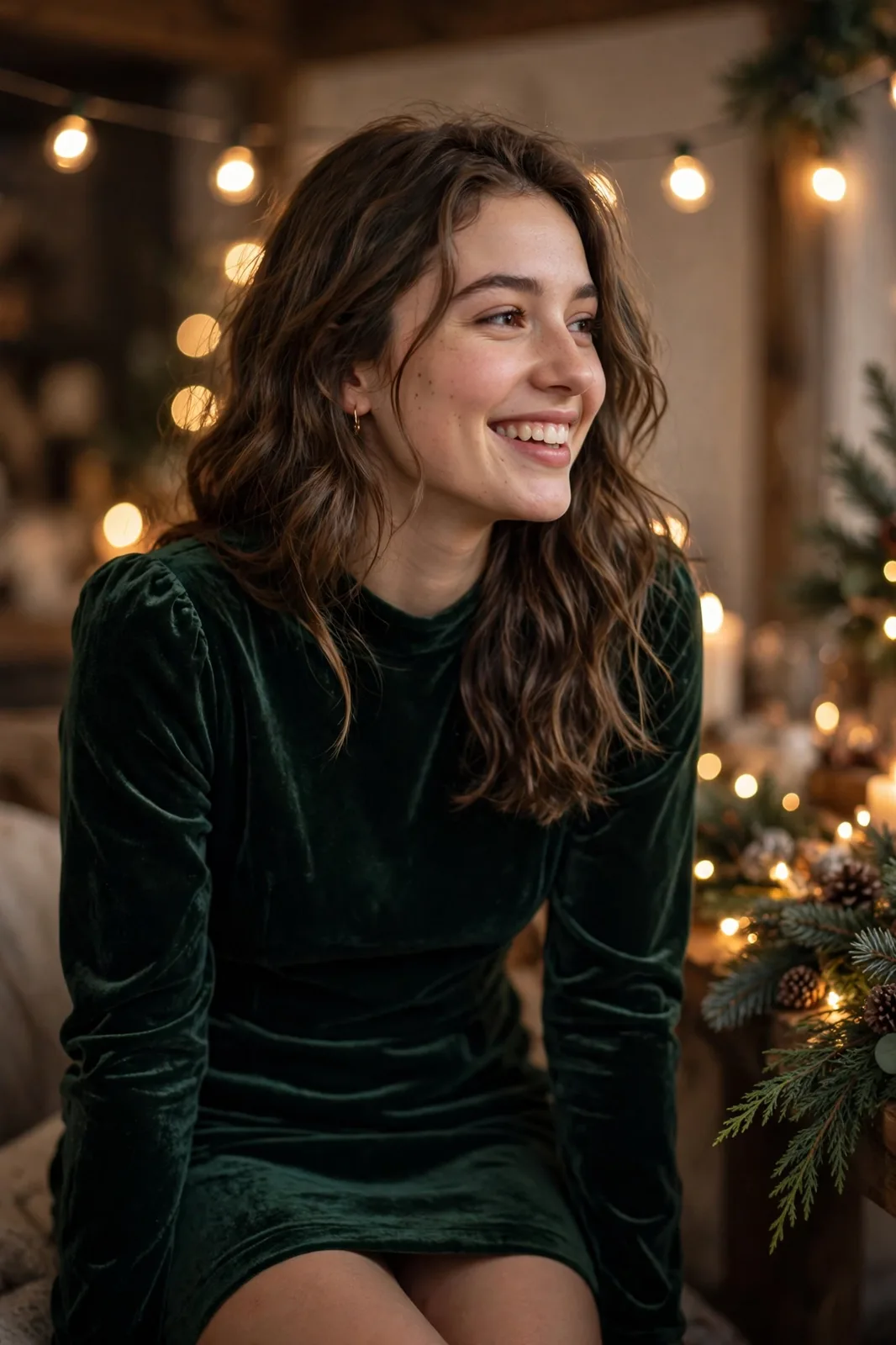Young woman at a winter party in a burgundy velvet mini dress with fleece-lined tights