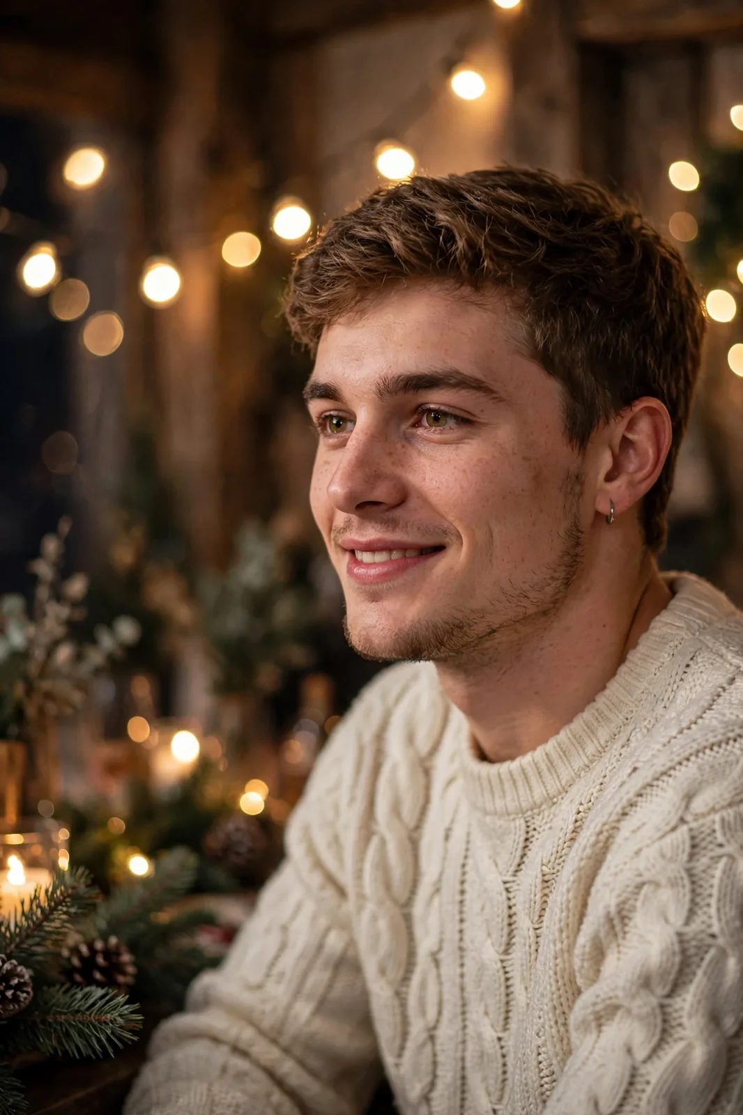 Young man at a winter party wearing a navy cable-knit sweater and dark jeans