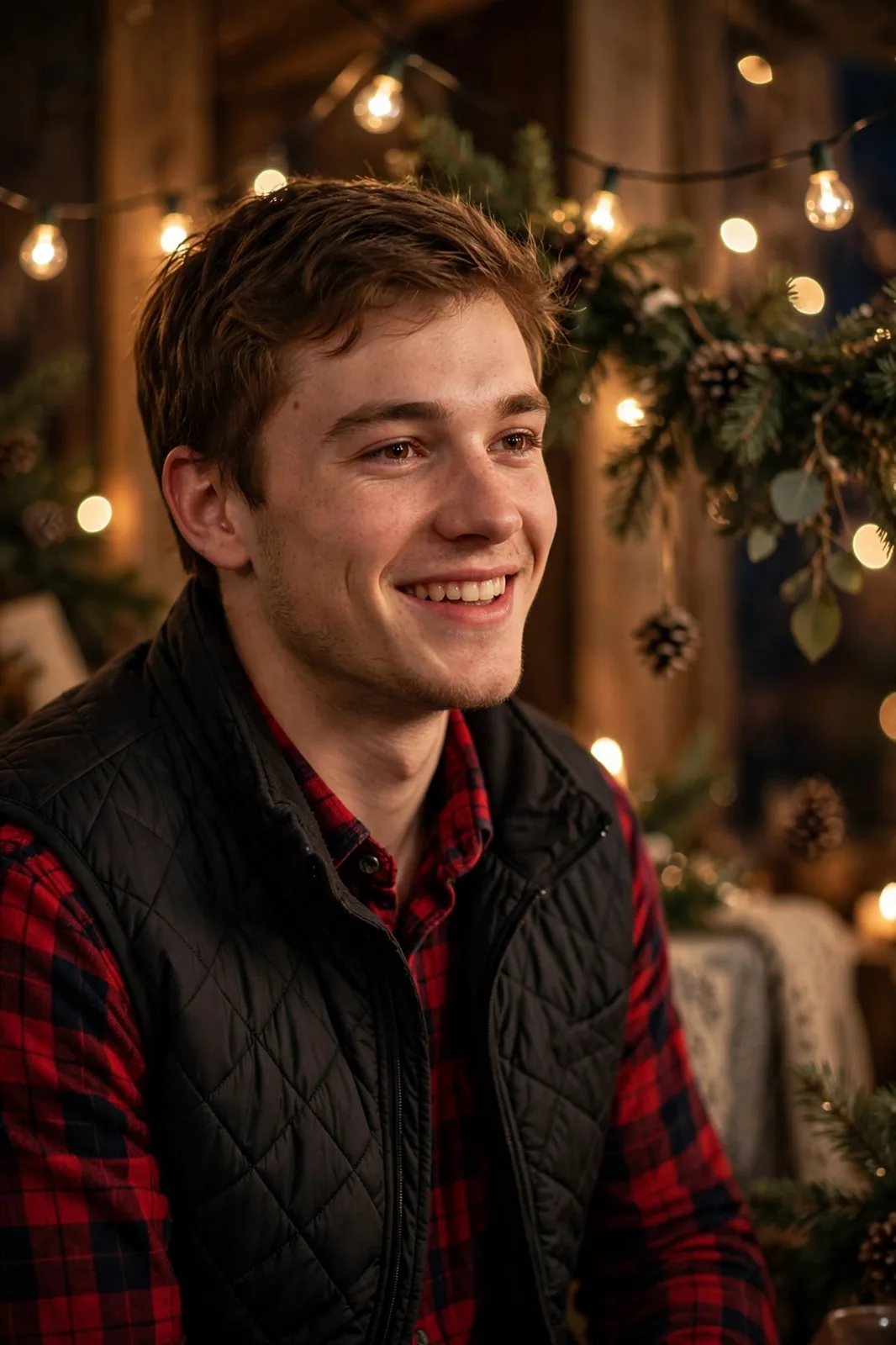 Young man at a winter party in a red flannel shirt with a quilted puffer vest