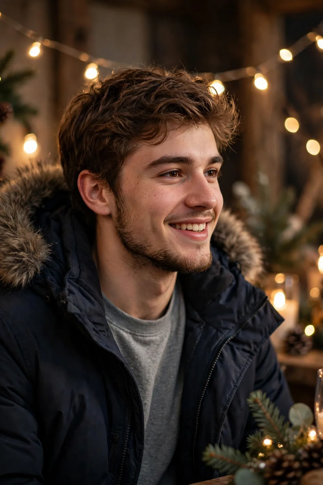 Young man at a winter party with a parka open over a henley and black jeans