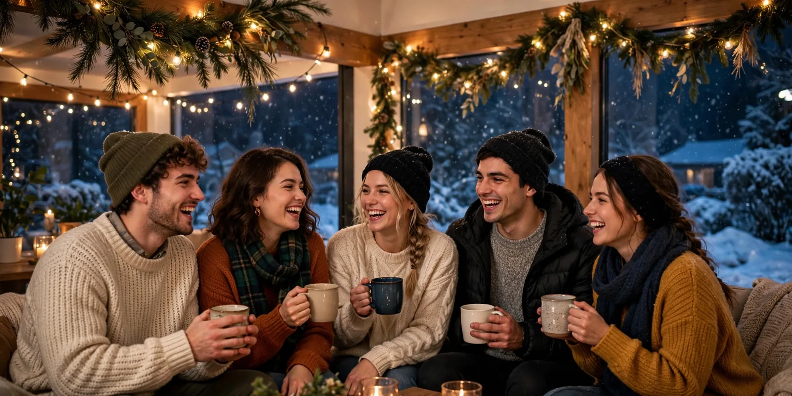 College house living room decorated as a winter wonderland party with warm string lights, candles, pine garlands and cozy blankets