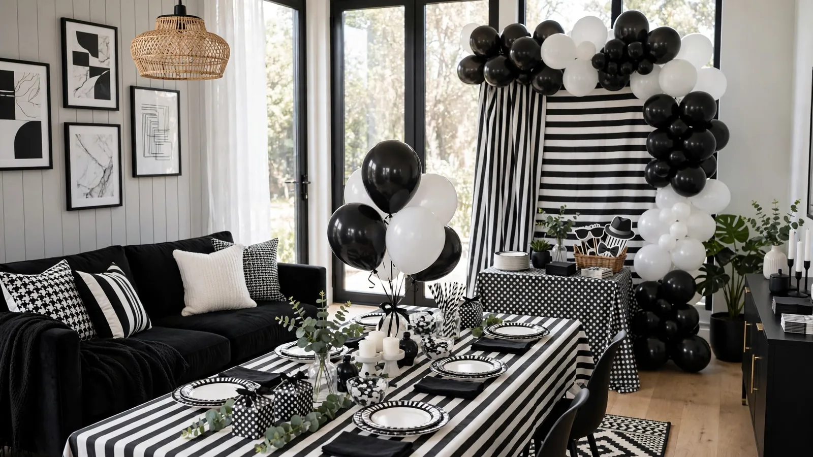 Living room decorated in black and white for a white lies party