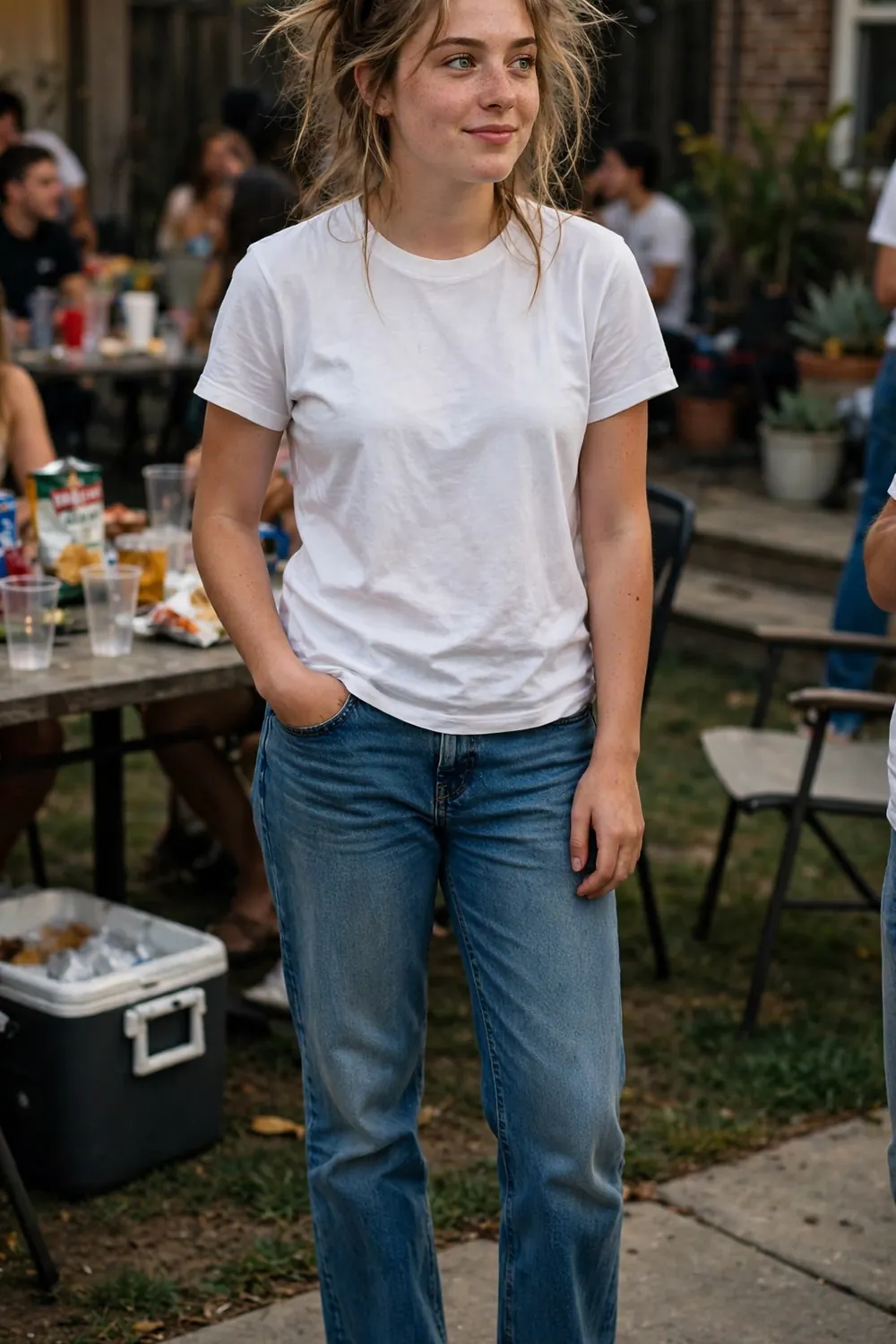 Girl in a white t-shirt that says I'm a morning person