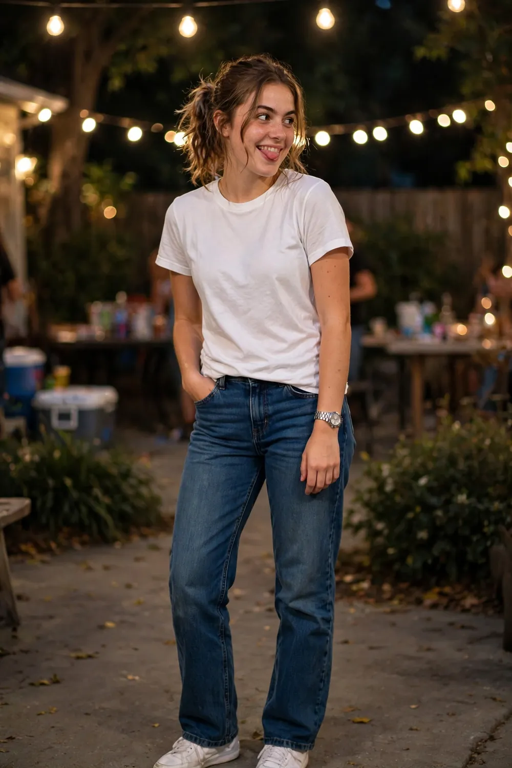 Girl in a white t-shirt that says I'm always on time