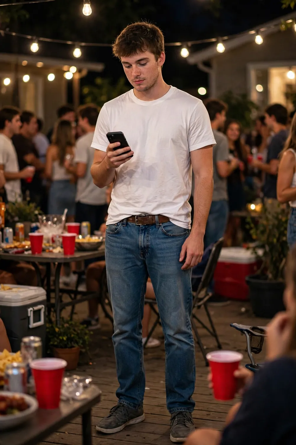 Guy in a white t-shirt that says my phone was on silent