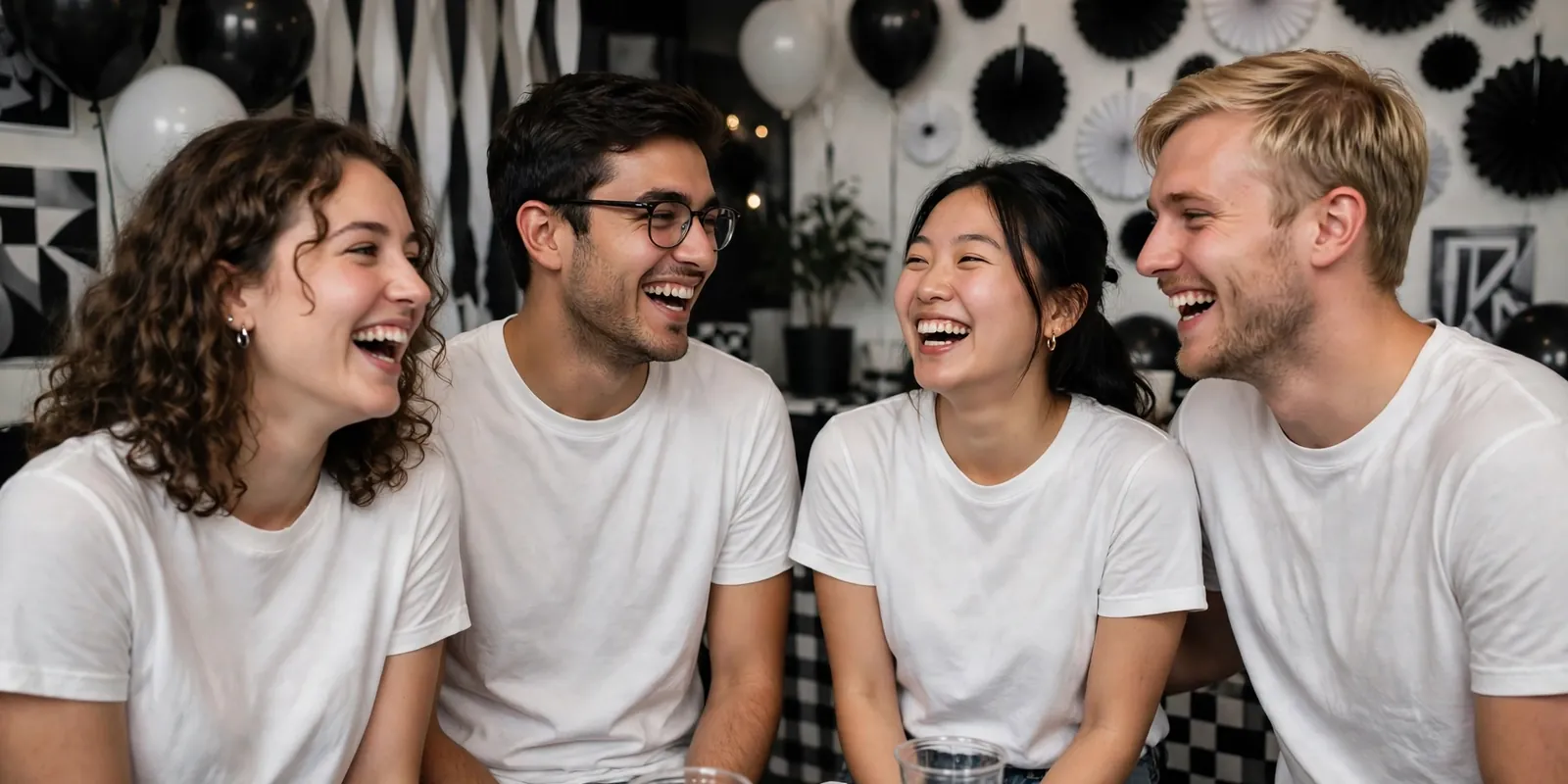 College friends in white lies t-shirts at a party