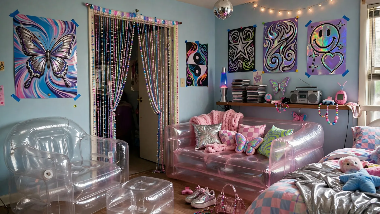 Bedroom decorated for a Y2K party with inflatable furniture