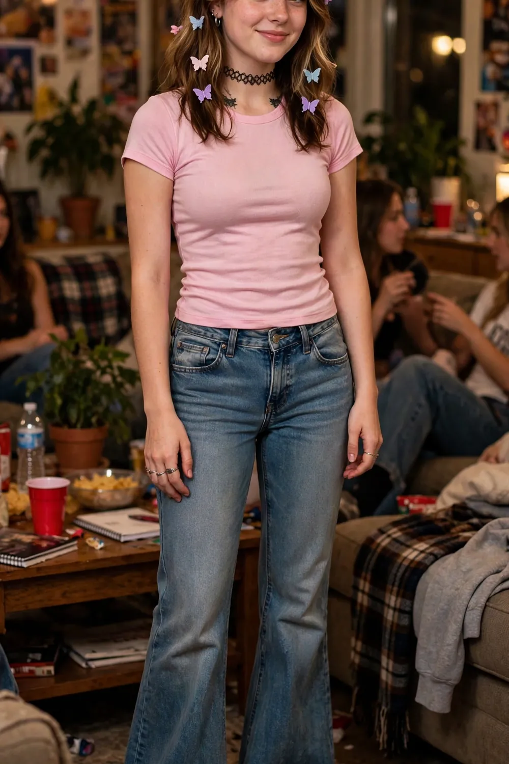 Girl in low-rise jeans and baby tee Y2K outfit