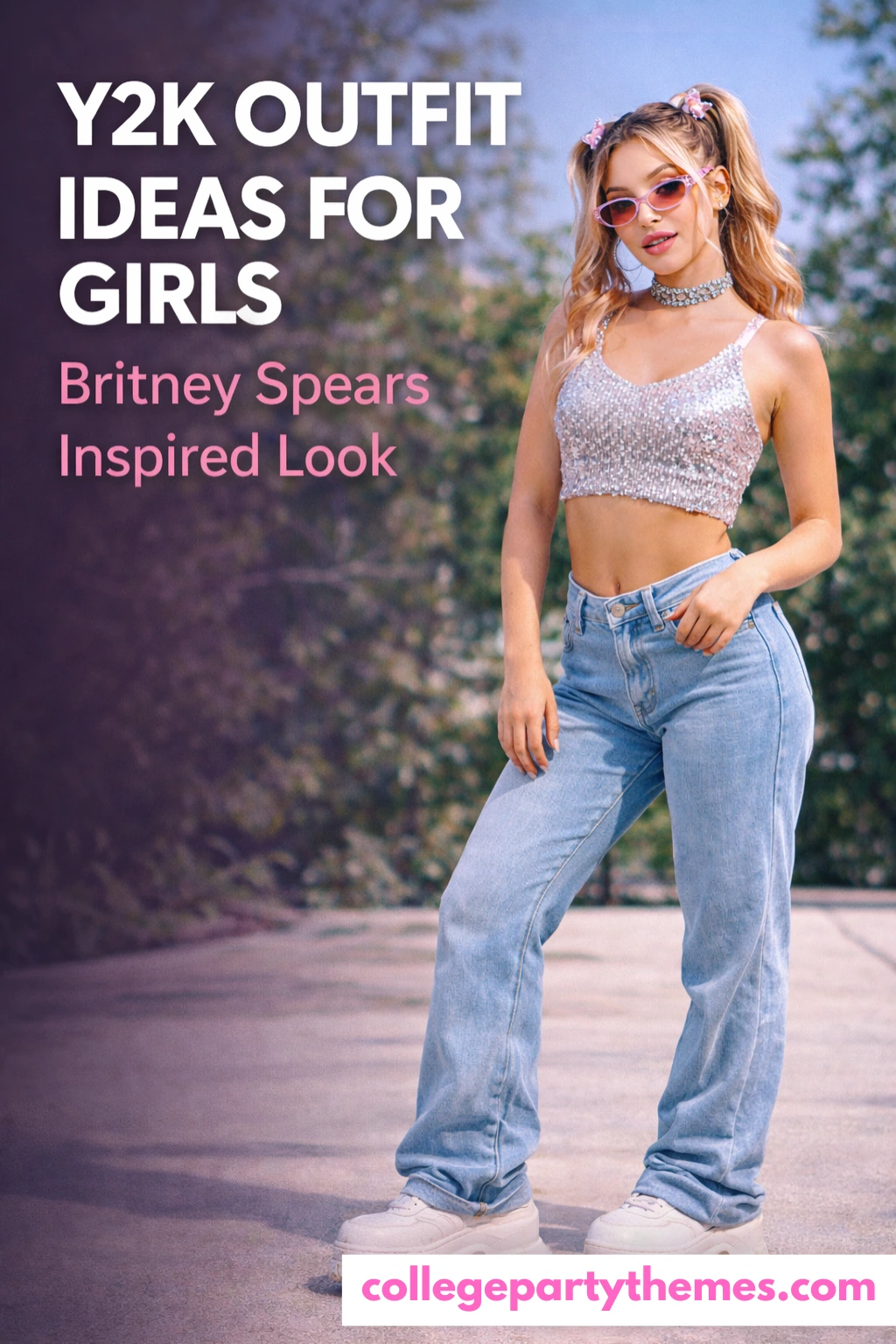 Y2K party outfit for girls low rise jeans sparkly silver crop top chunky sneakers and choker necklace