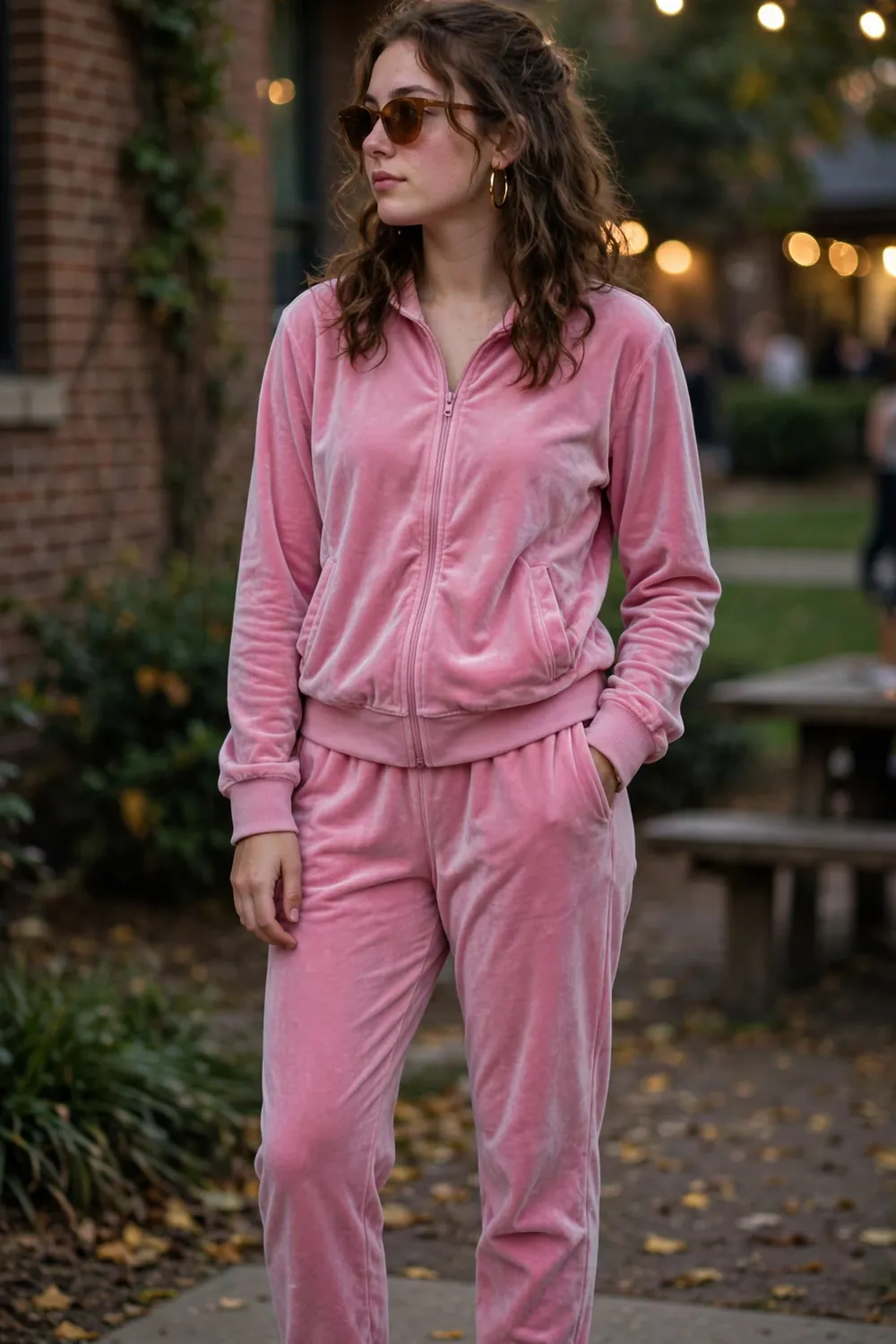 Girl in a pink velour tracksuit Y2K outfit