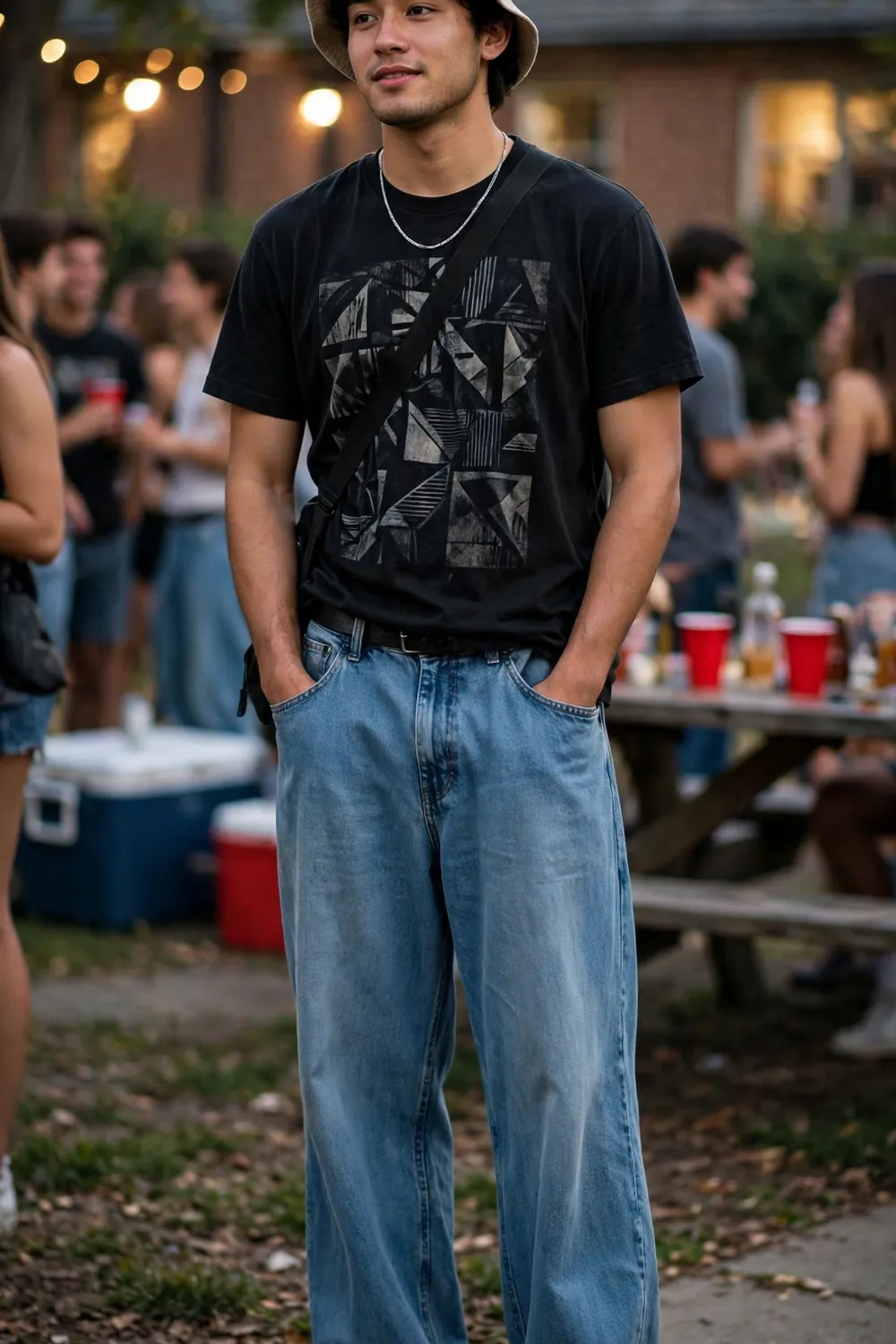 Guy in bucket hat and baggy Y2K outfit
