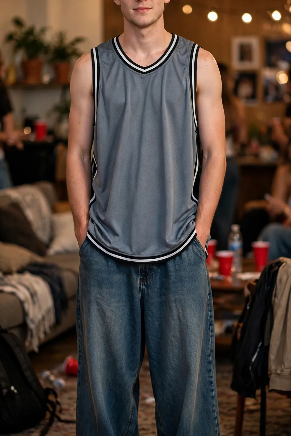 Guy in oversized basketball jersey Y2K outfit