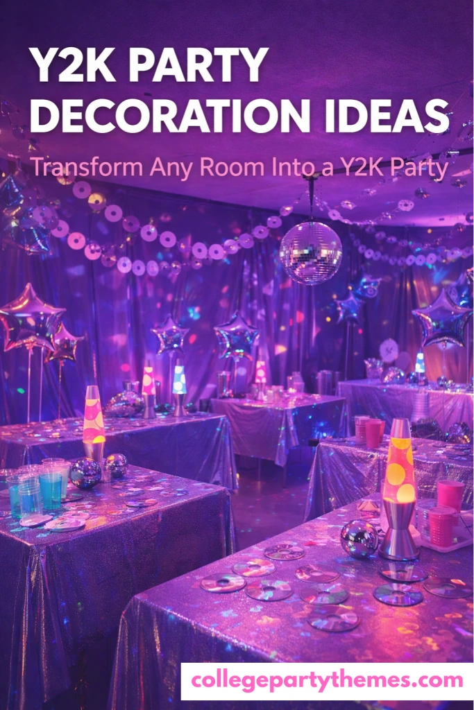 Y2K party decoration ideas room with CD garland hanging from ceiling disco ball lava lamps metallic balloons