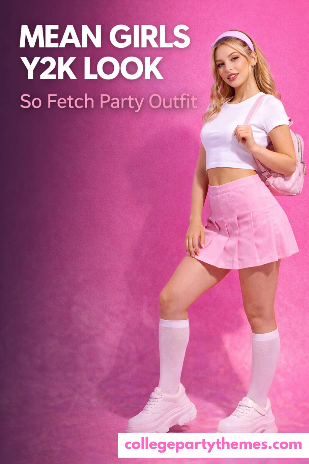 Girls Y2K party outfit pink mini skirt white baby tee knee high socks Mean Girls inspired look