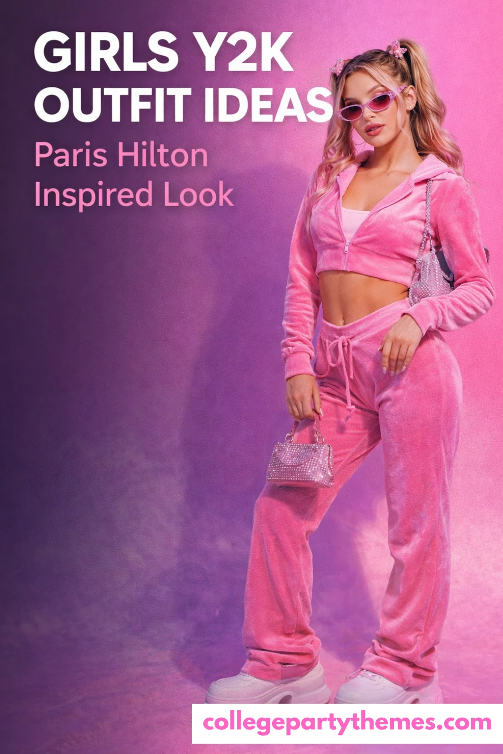 College girl wearing pink velour tracksuit with tiny sunglasses and bedazzled bag for Y2K party 2026